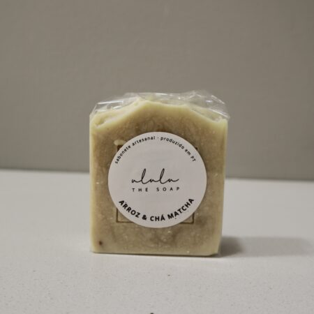 Embalagem do sabonete artesanal de arroz e chá matcha da Ululuthesoap