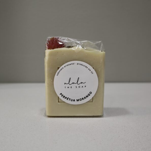 Embalagem do sabonete Perpétua Morango com design minimalista